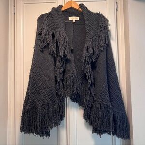Pretty Angel Gray Cape Shawl One Size Black Accent Knit Fringe Trim Cozy Boho